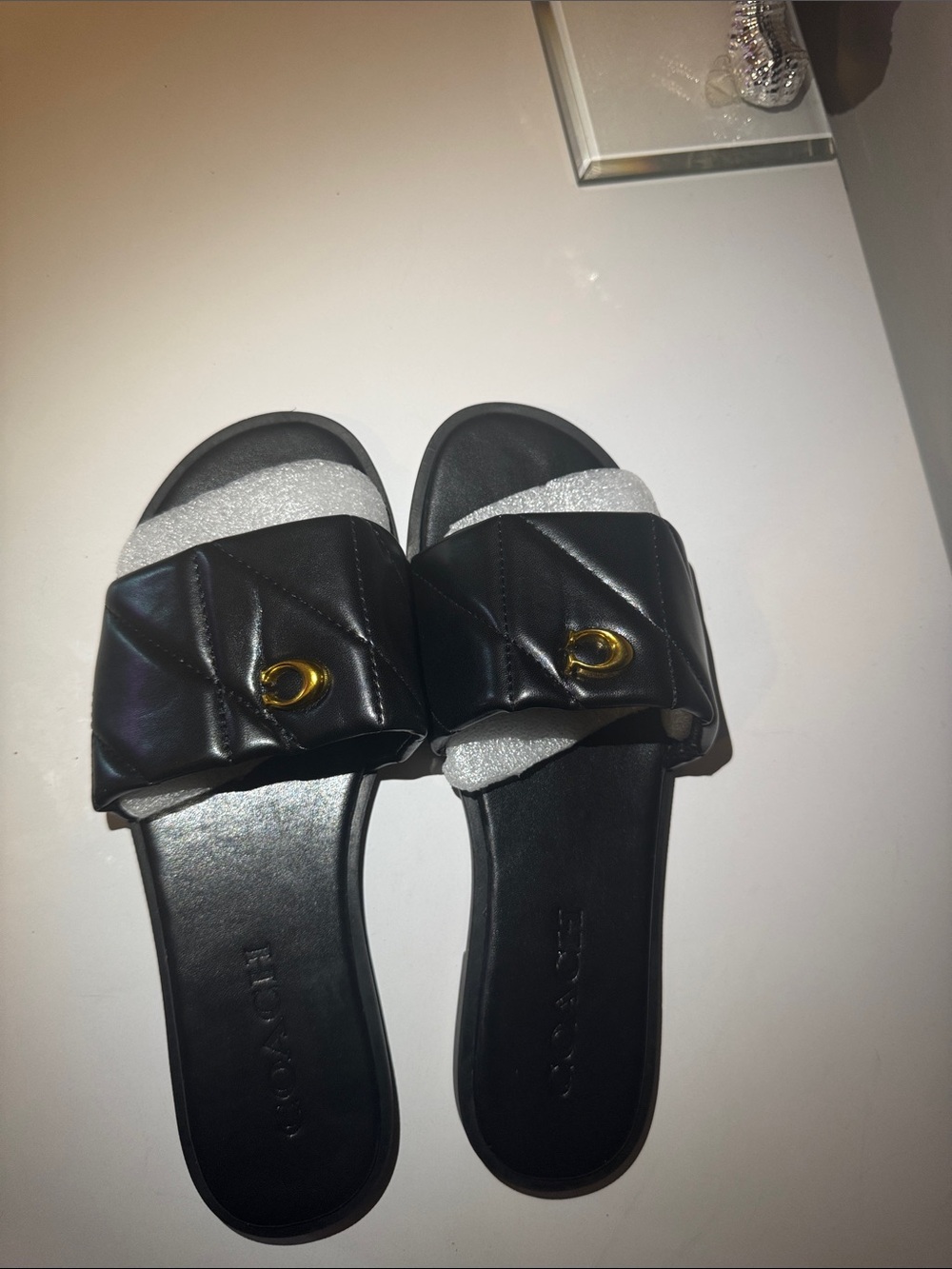 Coach Black Quilted Slide Sandals with Gold Accent